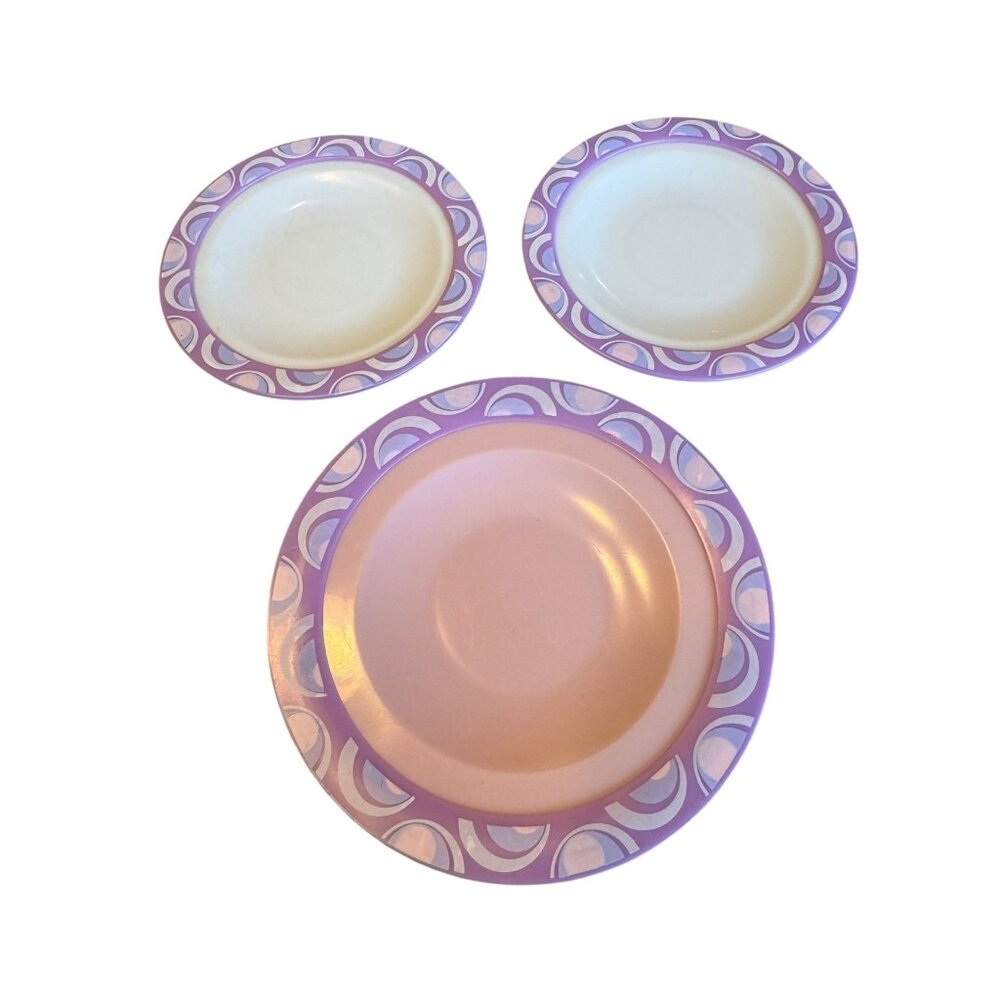 Dollhouse replacement  3  Melamine Dinner Plates With Retro Purple & White